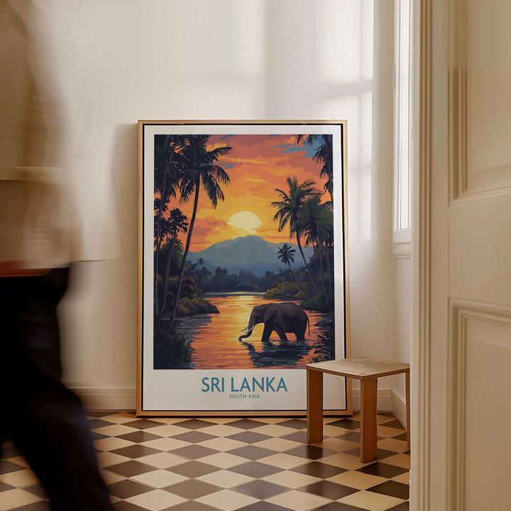 Sri Lanka Poster with Elephant in tropical setting at Sunset - Travel Print displayed in a room.
