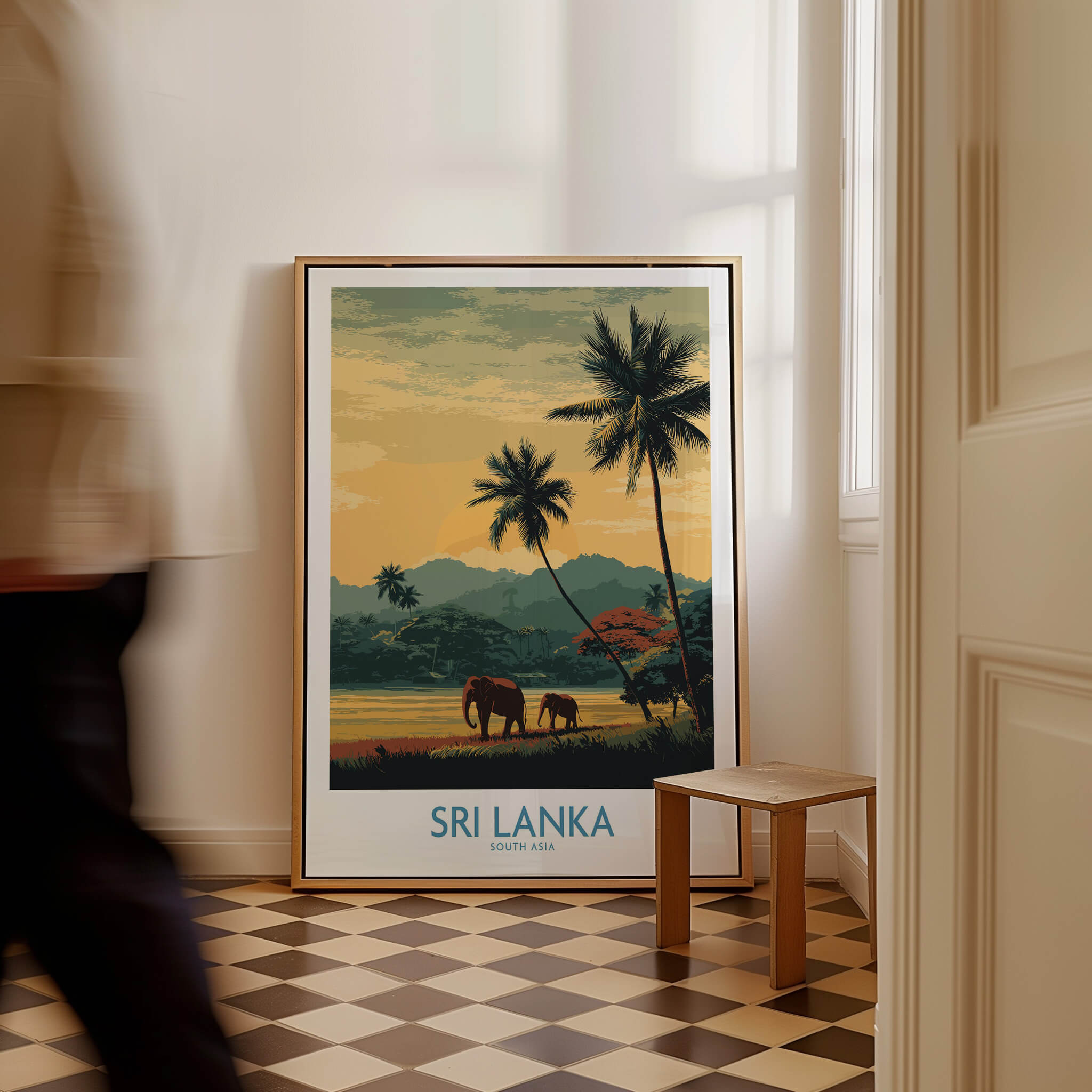 Sri Lanka Poster | Tropical Palm Tree & Elephant Canvas Print displayed in a stylish interior setting.
