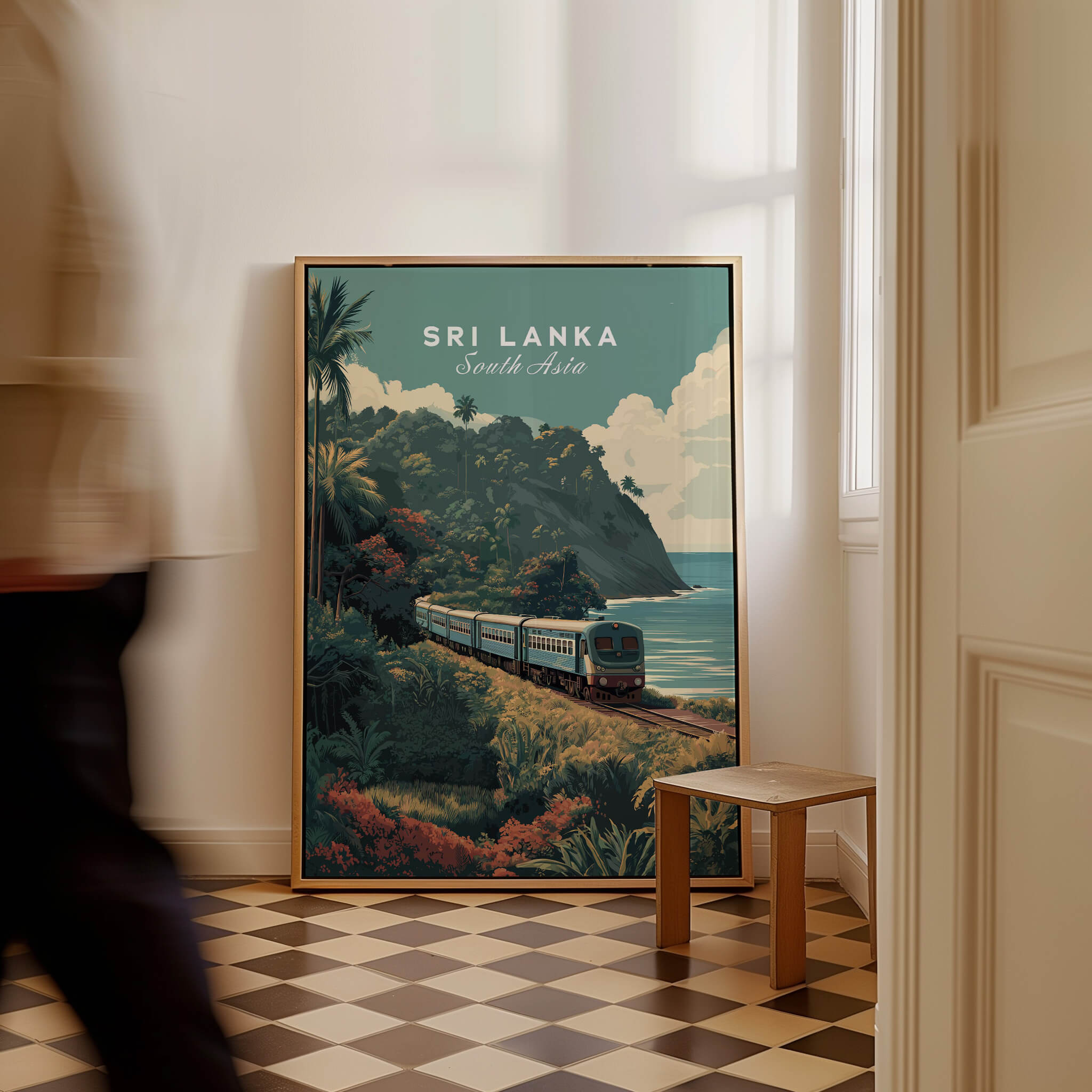 Sri Lanka Wall Art Print | Train Travel Poster featuring a vintage train along a coastal landscape.