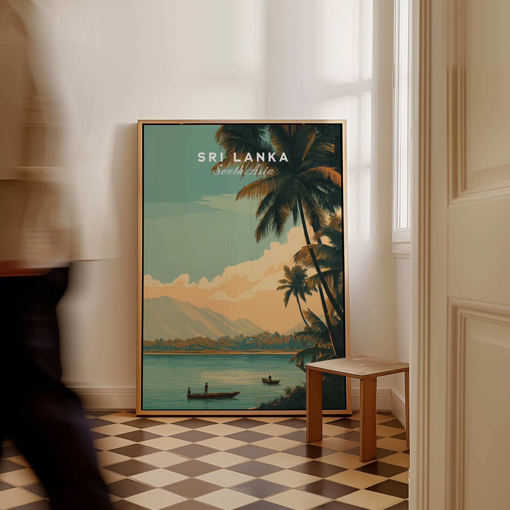 Sri Lanka Travel Poster | Sunset Wall Art Print featuring serene landscape and calming colors in interior setting.