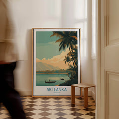 Sri Lanka Canvas Print | Traditional Boat Scene Poster displayed in a room with coastal landscape and palm trees.