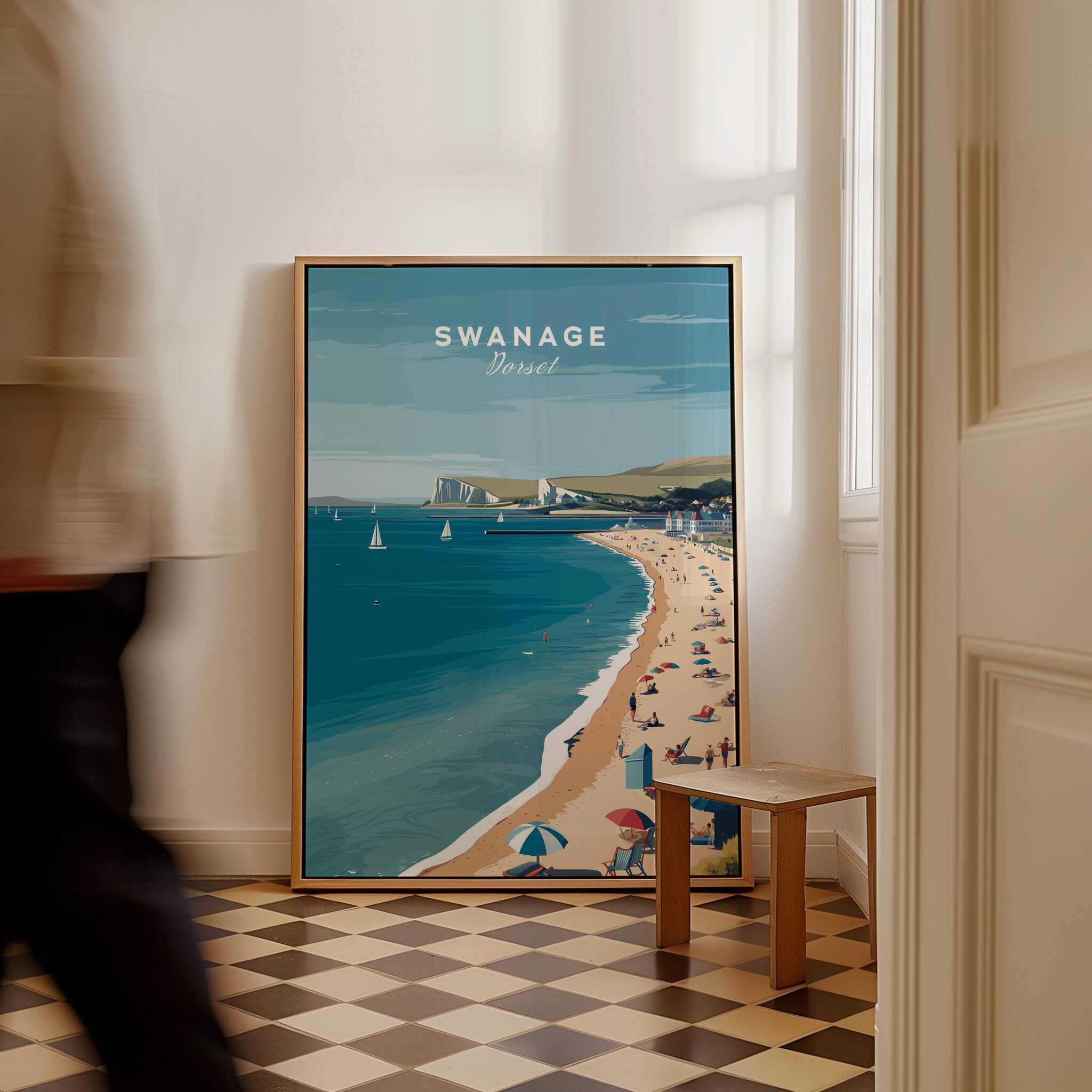 Swanage Dorset Wall Art Print | British Seaside Beach Travel Poster displayed in a cozy interior setting.