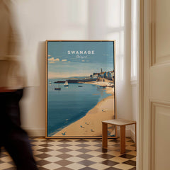 Swanage Dorset Travel Poster | English Coastal Town Wall Art Print displayed in an elegant home interior.