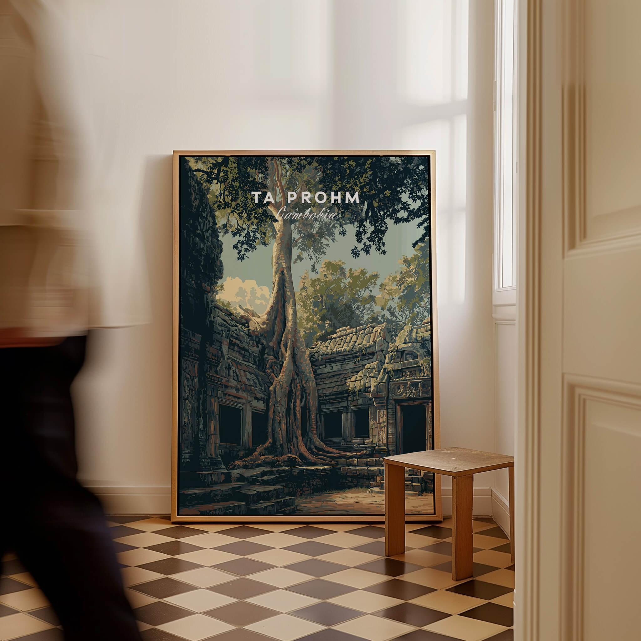 Ta Prohm Cambodia Travel Poster | Ancient Temple Jungle Ruins Wall Art Print displayed in a stylish interior setting.