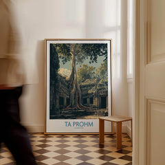 Ta Prohm Cambodia Canvas Print | Iconic Tree Root Ruins Poster displayed in an elegant interior setting.