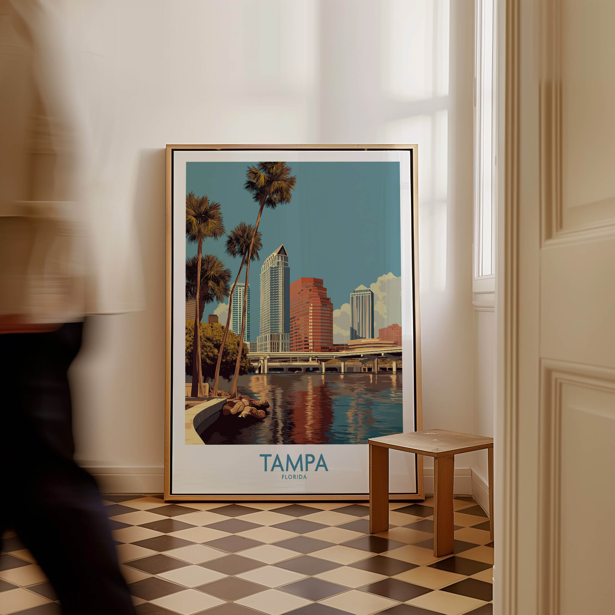 Tampa Florida Poster | Waterfront Sunset Cityscape Canvas Print displayed in modern interior with checkered floor.