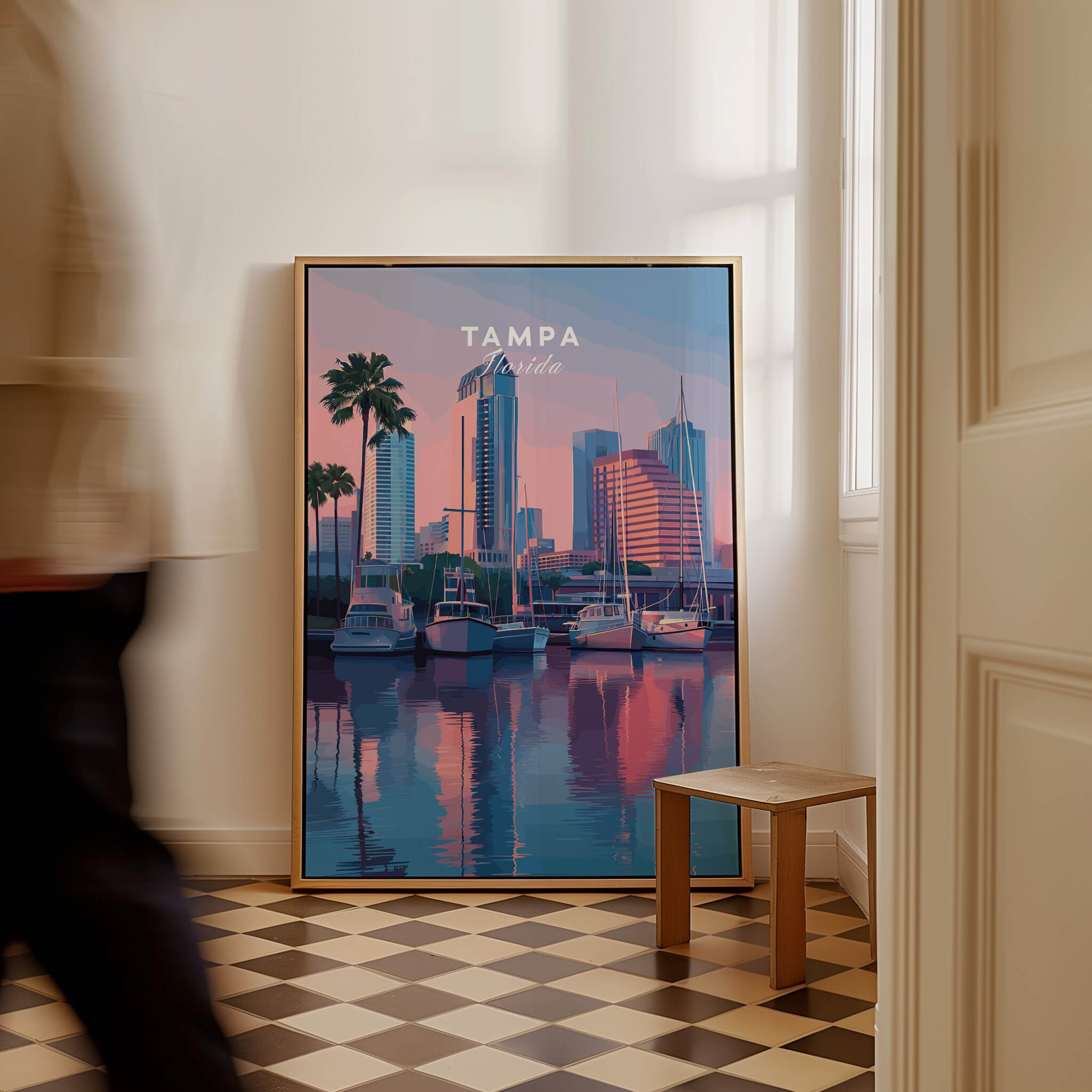 Tampa Florida Travel Poster | Marina Harbor & Skyline Wall Art Print showcasing the vibrant marina and city skyline.