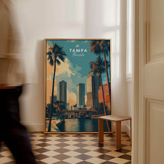 Tampa Florida Wall Art Print | Palm Trees & Modern Skyline Travel Poster displayed in a stylish interior setting.