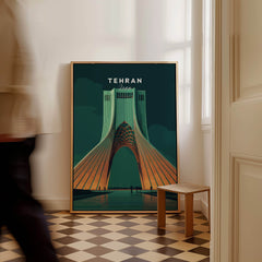 Tehran Iran Travel Poster | Azadi Tower Landmark Wall Art Print featuring the majestic Azadi Tower in a stylish interior setting.