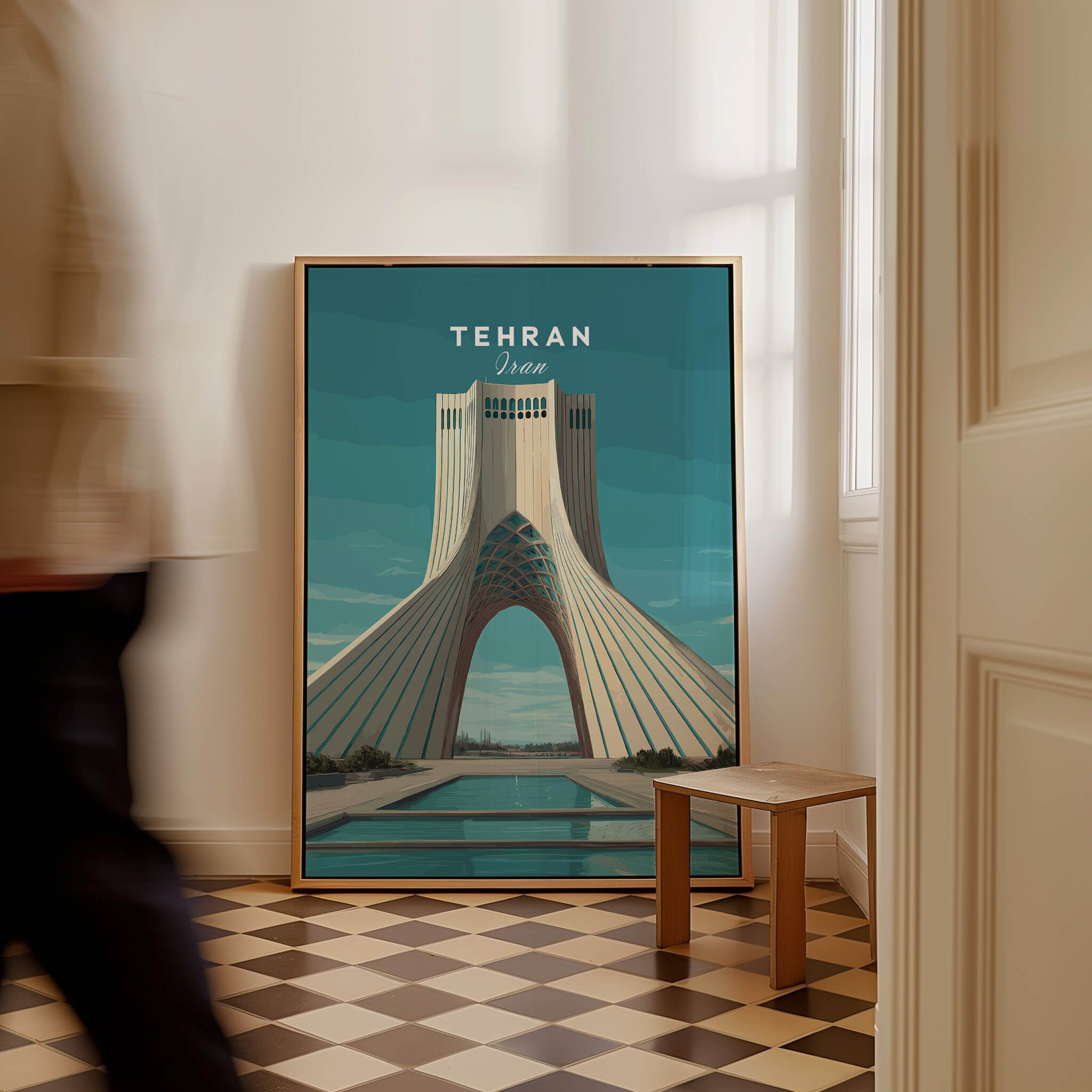 Tehran Wall Art Print | Iran Travel Poster featuring Azadi Tower in an artistic home setting.