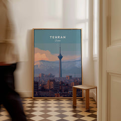 Tehran Iran Travel Poster | Alborz Mountains Skyline Wall Art Print displayed in a stylish interior setting.