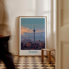 Tehran Iran Canvas Print | Evening City Landscape Poster in a modern interior setting with mountain backdrop