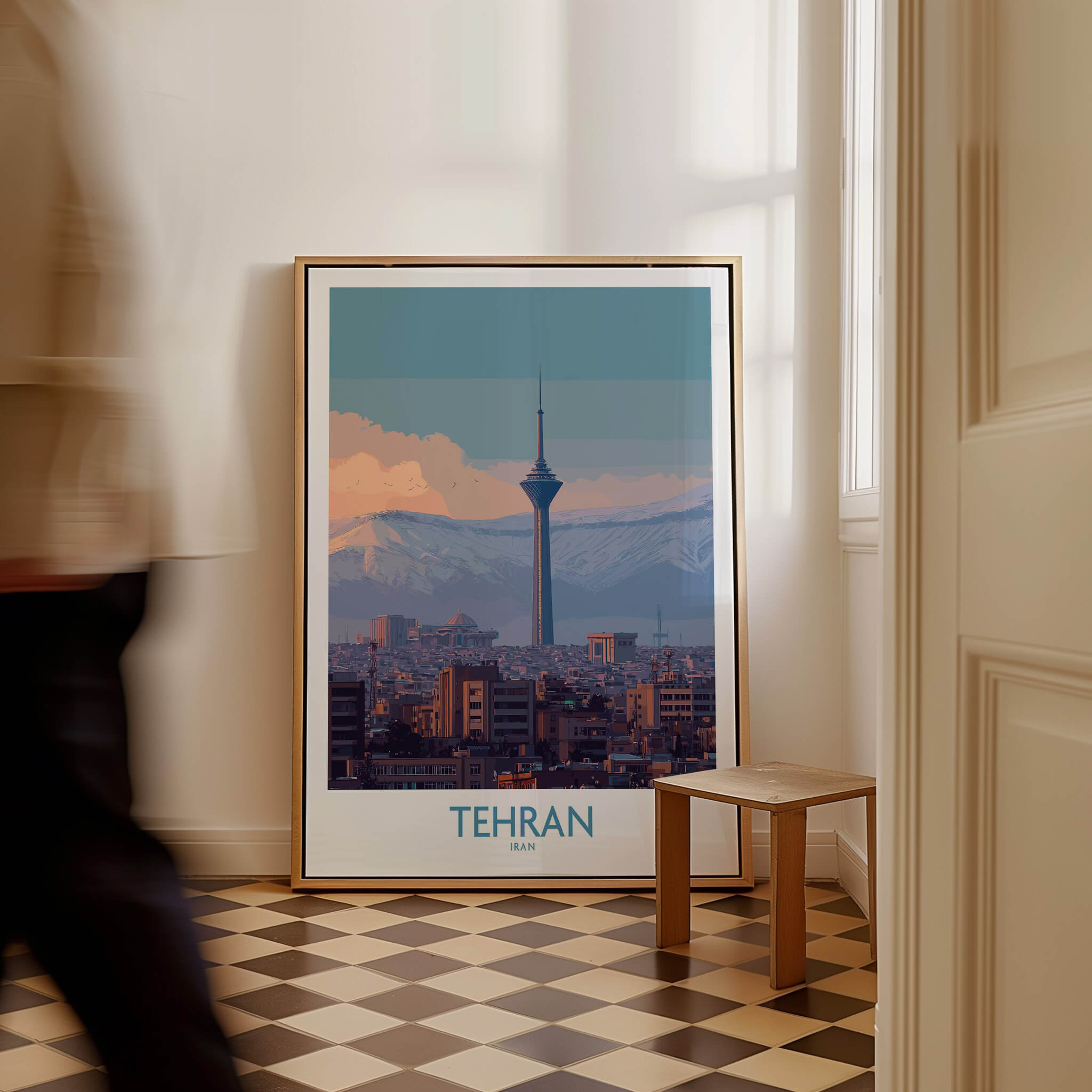 Tehran Iran Canvas Print | Evening City Landscape Poster in a modern interior setting with mountain backdrop