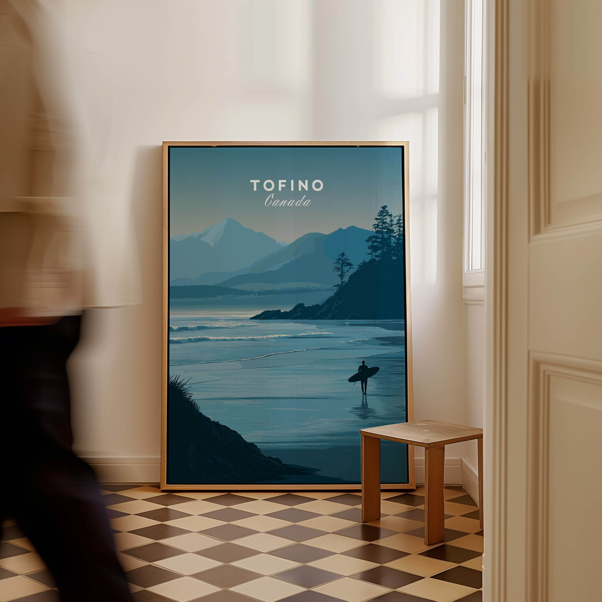 Tofino Canada Travel Poster | Pacific Coast Surfer Wall Art Print displayed in a modern interior with a person passing by.