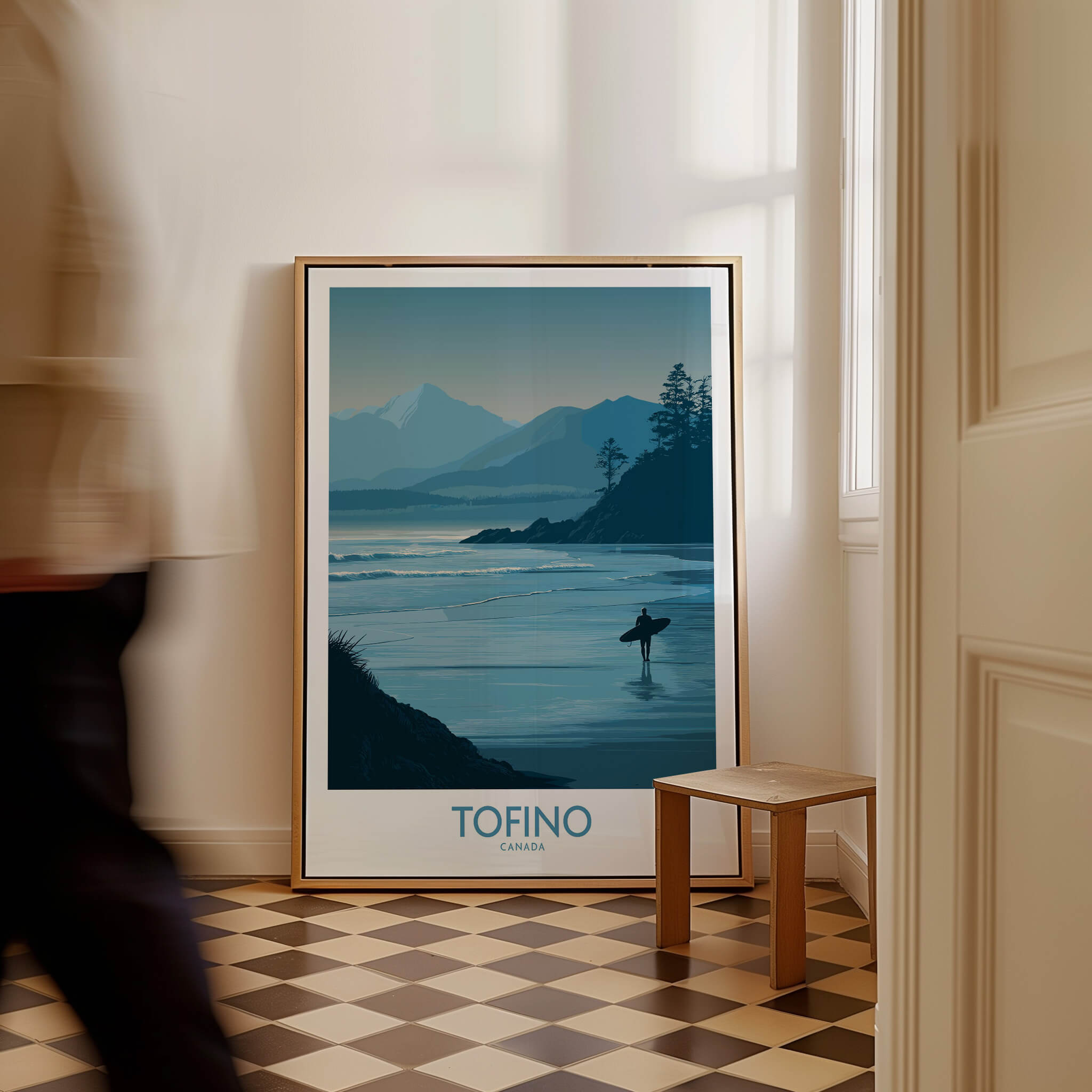 Tofino Canada Canvas Print | Misty Mountain & Shoreline Poster displayed in a modern interior.