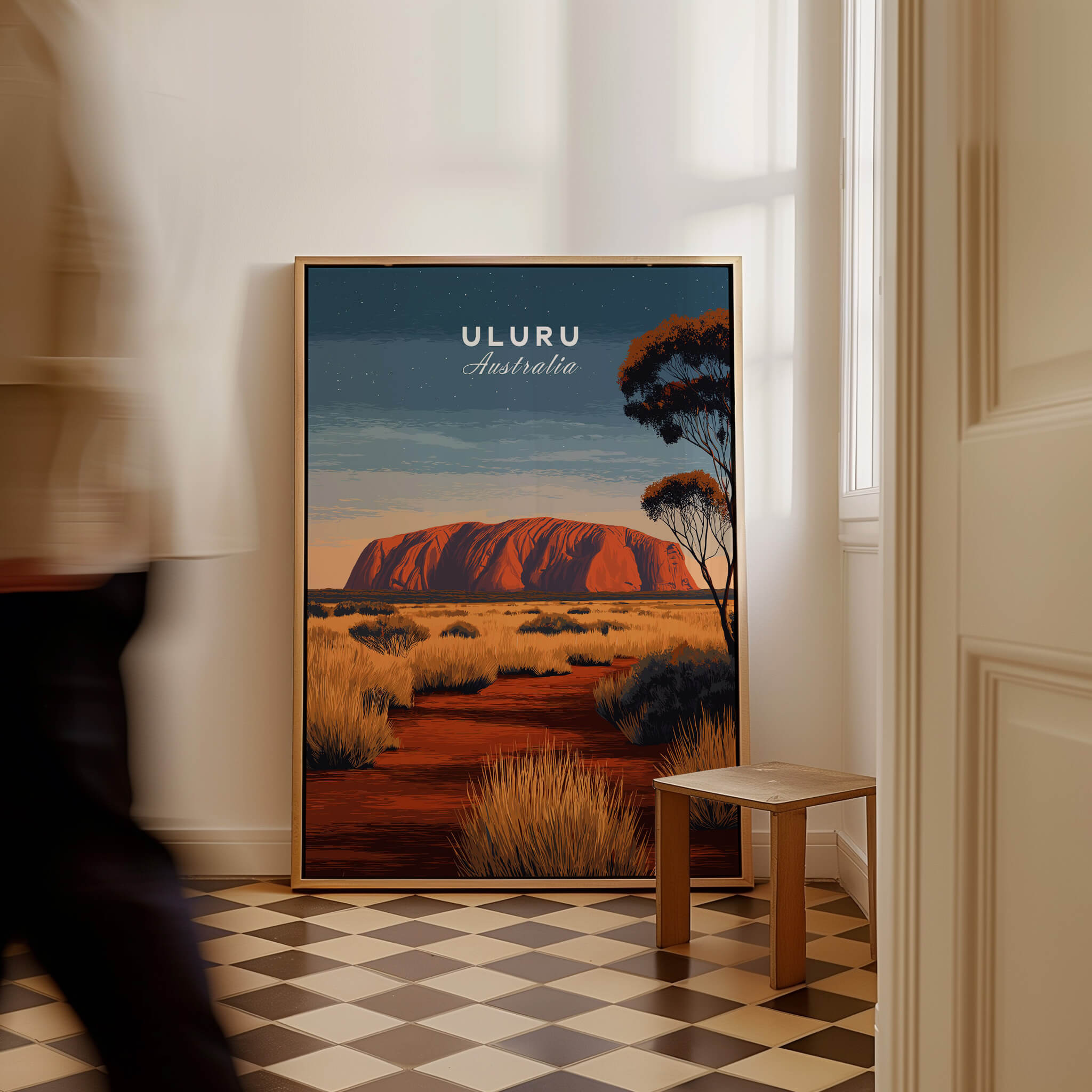 Uluru Australia Wall Art Print | Red Center Outback Travel Poster displayed in a stylish interior setting.