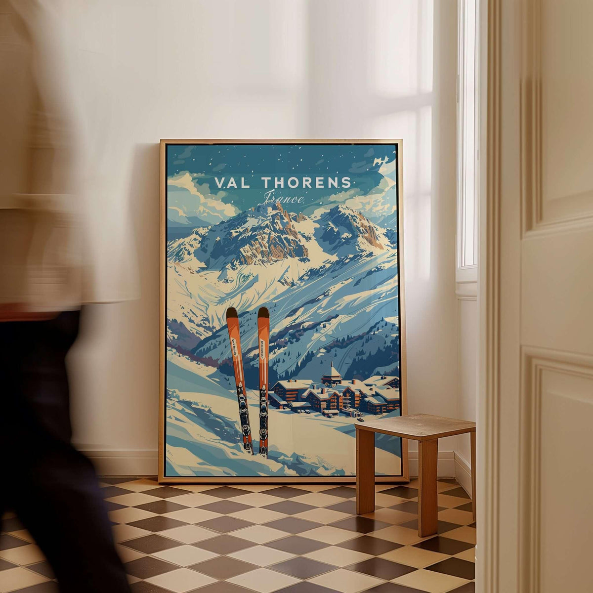 Val Thorens Travel Poster displaying stunning alpine scenery and skis in a stylish interior setting.