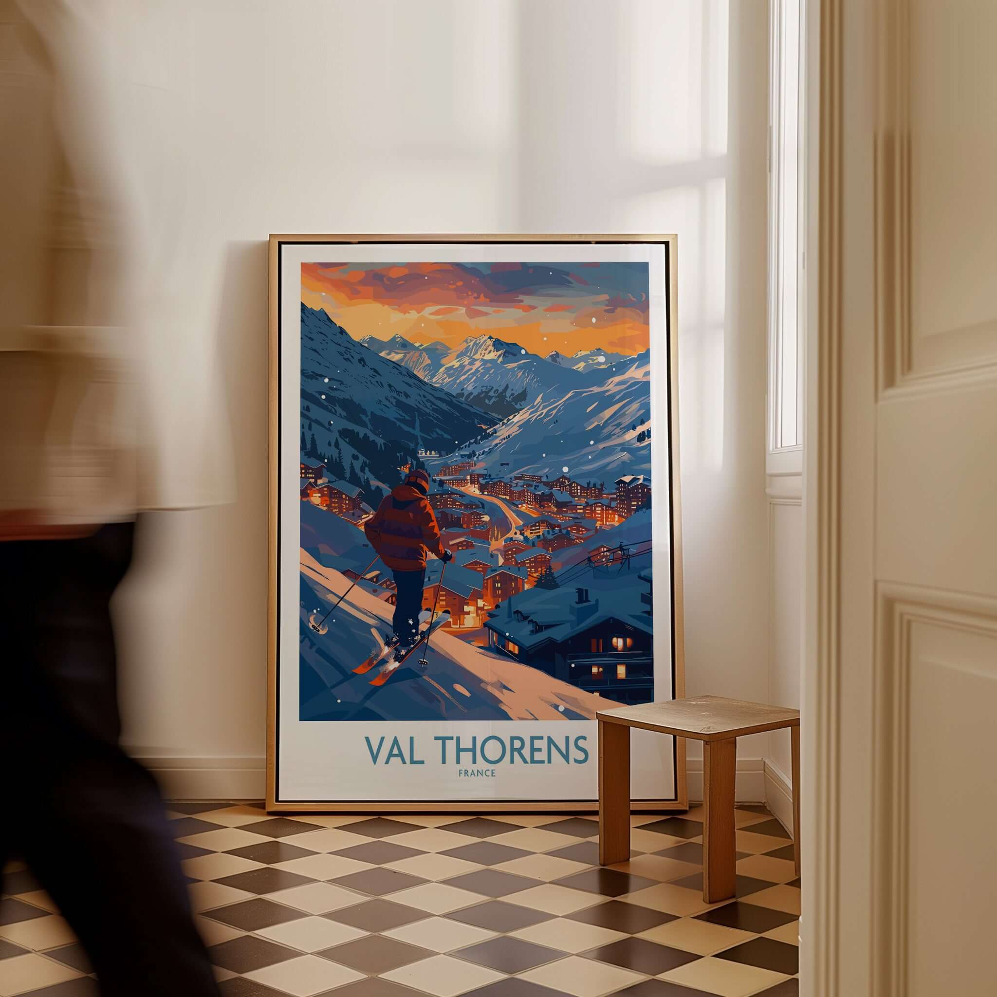 Val Thorens Ski Print in a stylish interior, showcasing the beautiful snow-covered mountains and ski resort in France.