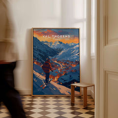 Val Thorens Ski Poster featuring stunning views of the French Alps, perfect for skiing enthusiasts and home decor.