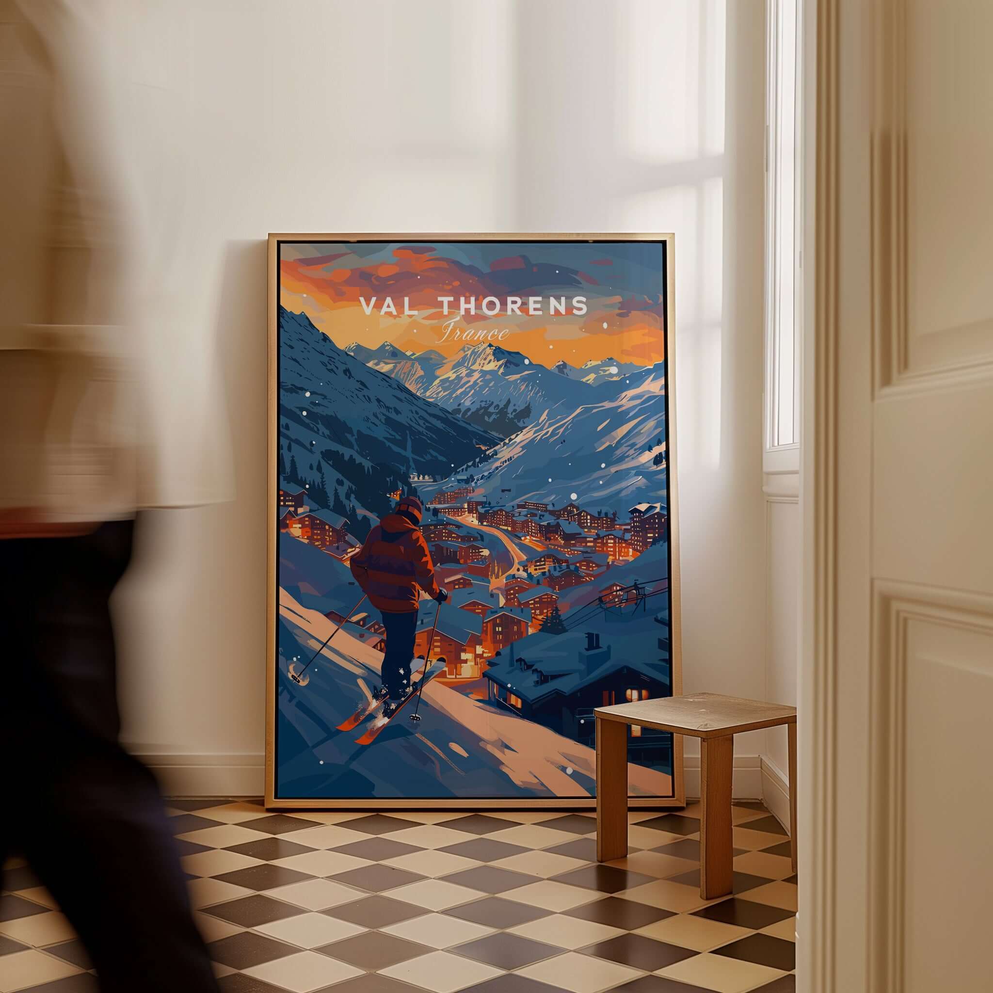 Val Thorens Ski Poster featuring stunning views of the French Alps, perfect for skiing enthusiasts and home decor.