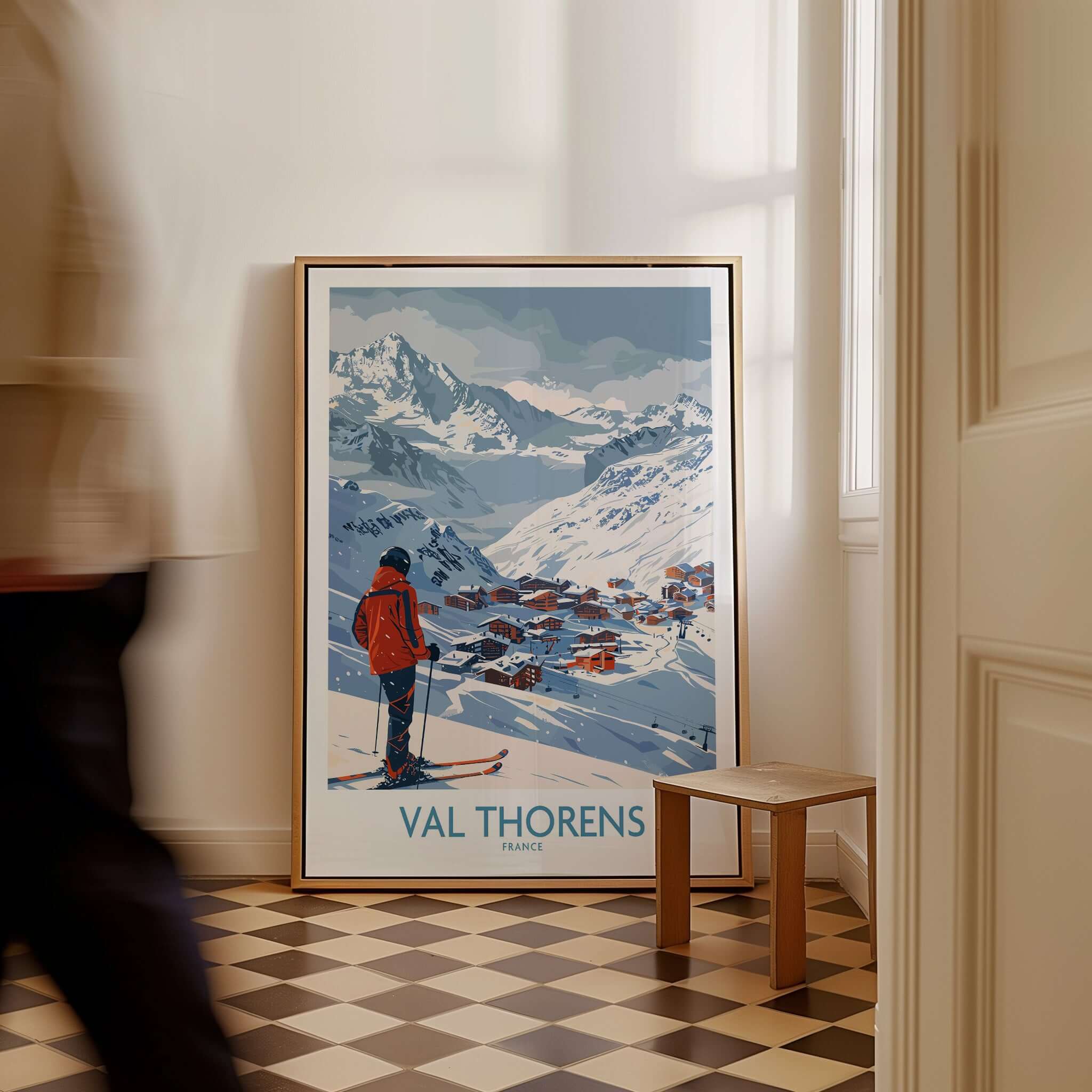 Val Thorens France Print featuring a skier in the snowy landscape of Val Thorens, France, showcasing the ski destination's beauty.