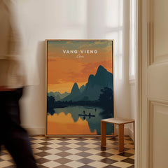 Vang Vieng Laos Travel Poster | Nam Song River Sunset Wall Art Print capturing serene sunset over limestone cliffs.