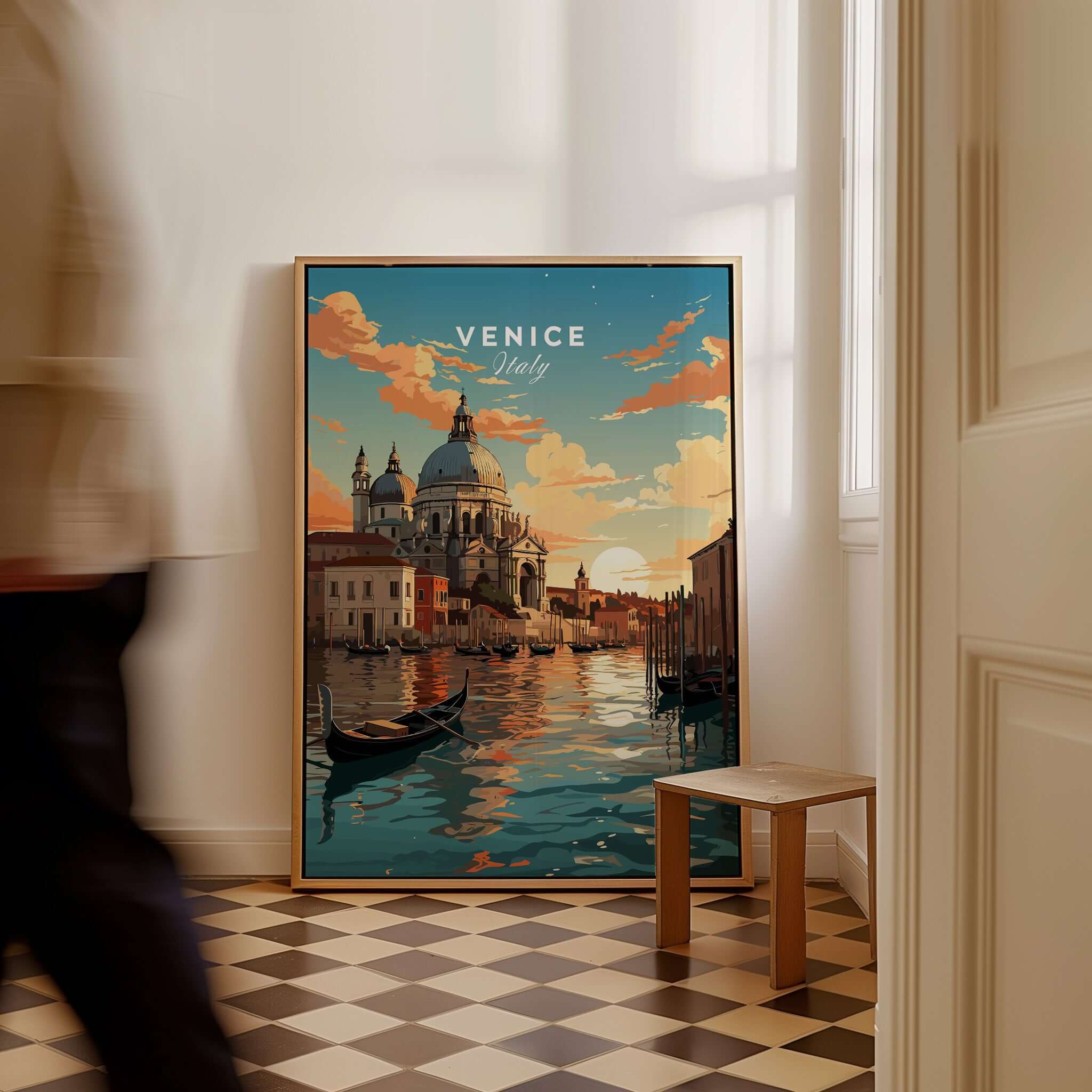 Venice Print showcasing serene canals, sunset, and gondolas in a stylish room setting.
