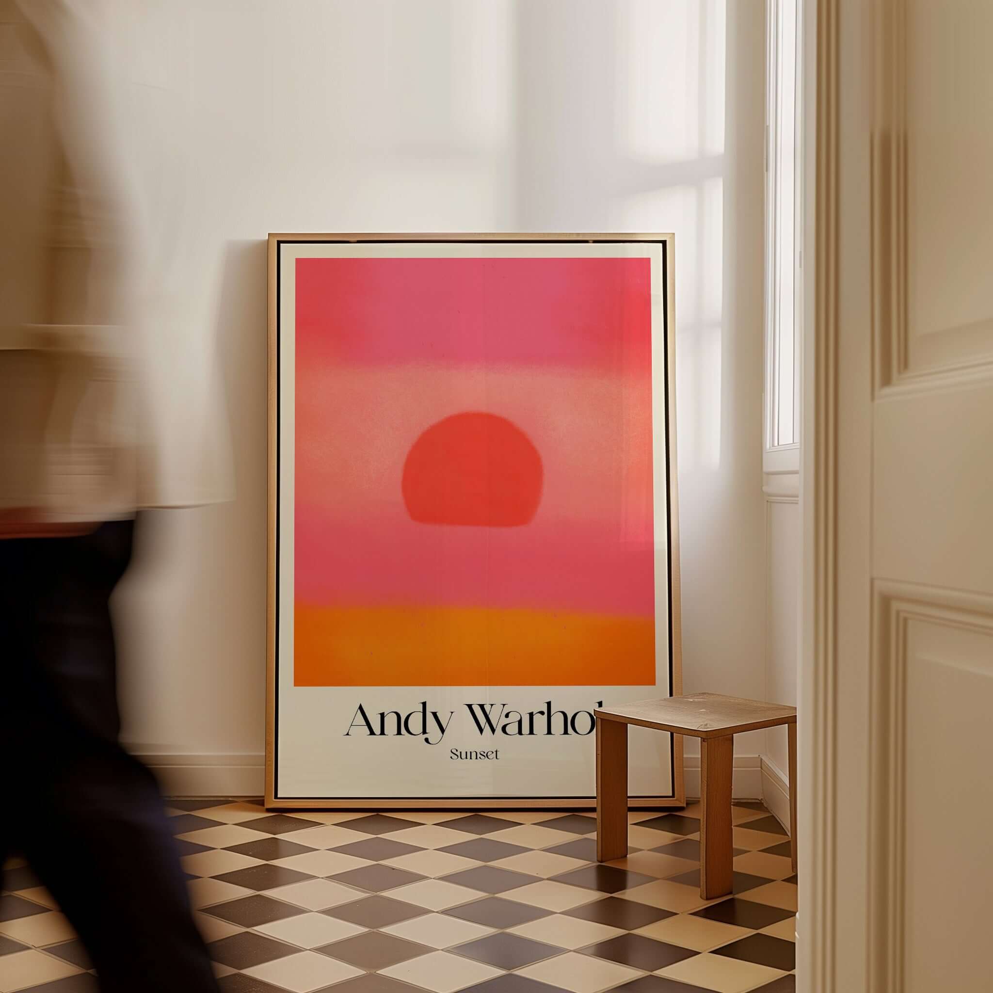 Andy Warhol Sunset Pink Orange Pop Art Print Modern Abstract Poster Wall Art displayed in a stylish interior.