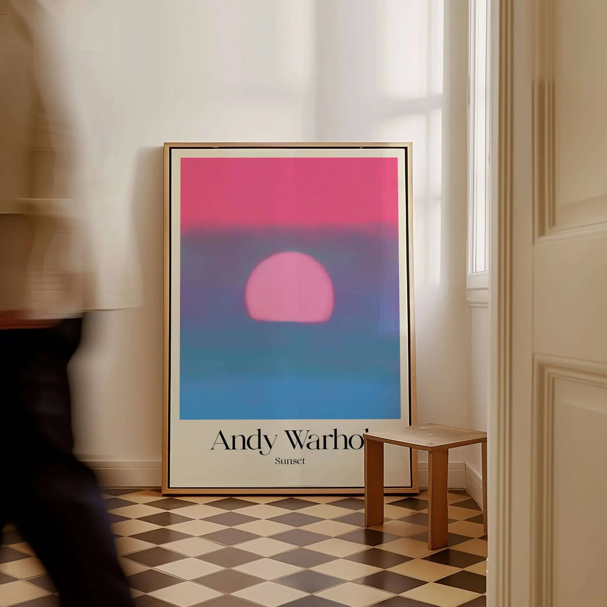 Andy Warhol Sunset Pink Blue Pop Art Poster Abstract Screenprint Wall Art Print positioned in a stylish interior space.