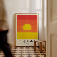 Andy Warhol Sunset Red Yellow Pop Art Abstract Print Modern Landscape Poster displayed in a modern interior setting.