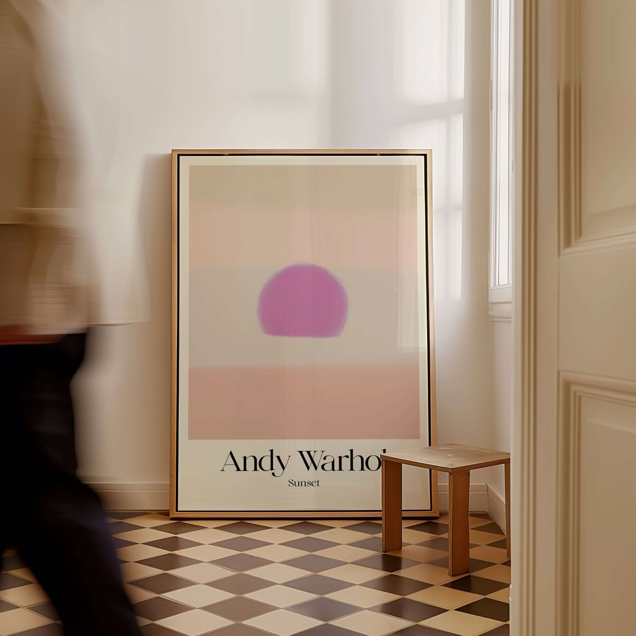 Andy Warhol Sunset Pastel Pink Purple Pop Art Print Subtle Abstract Poster Wall Art displayed in a stylish interior.