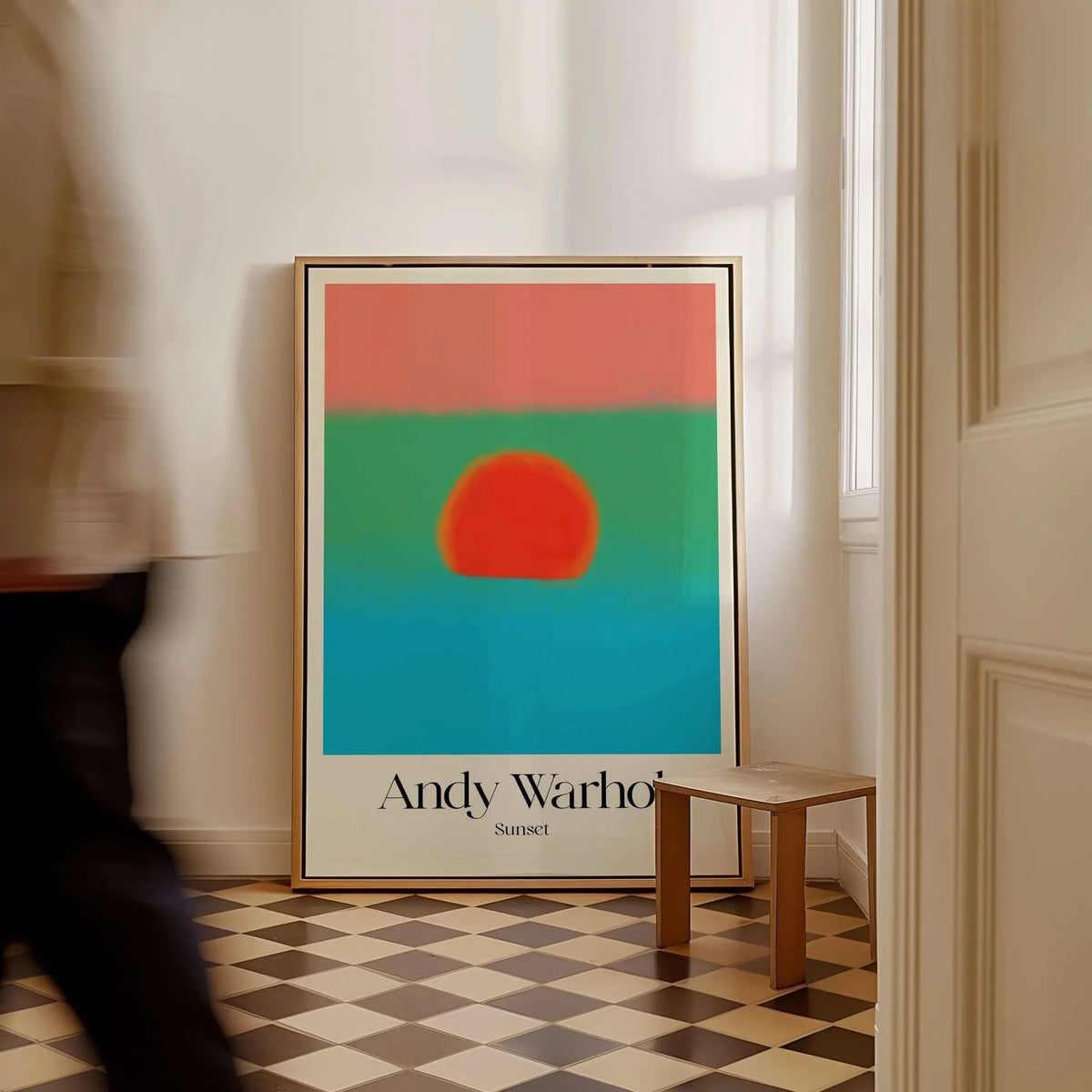 Andy Warhol Sunset Coral Green Blue Pop Art Poster Abstract Wall Art Print Modern displayed in a stylish interior setting.