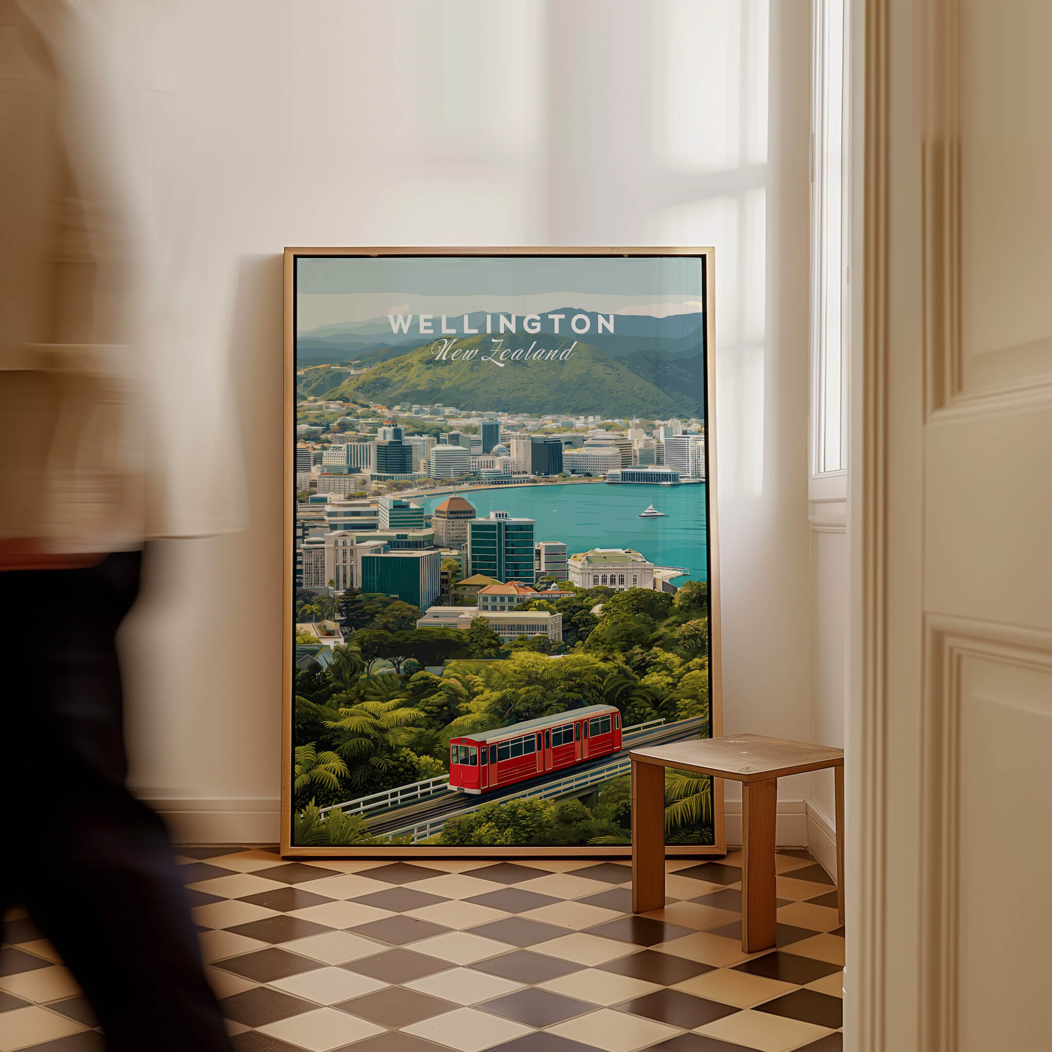 Wellington New Zealand Wall Art Print | Travel Poster featuring vibrant cityscape and harbor view.