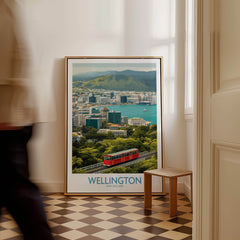 Wellington New Zealand Poster | Scenic City Skyline Landscape Canvas Print displayed in a stylish interior.