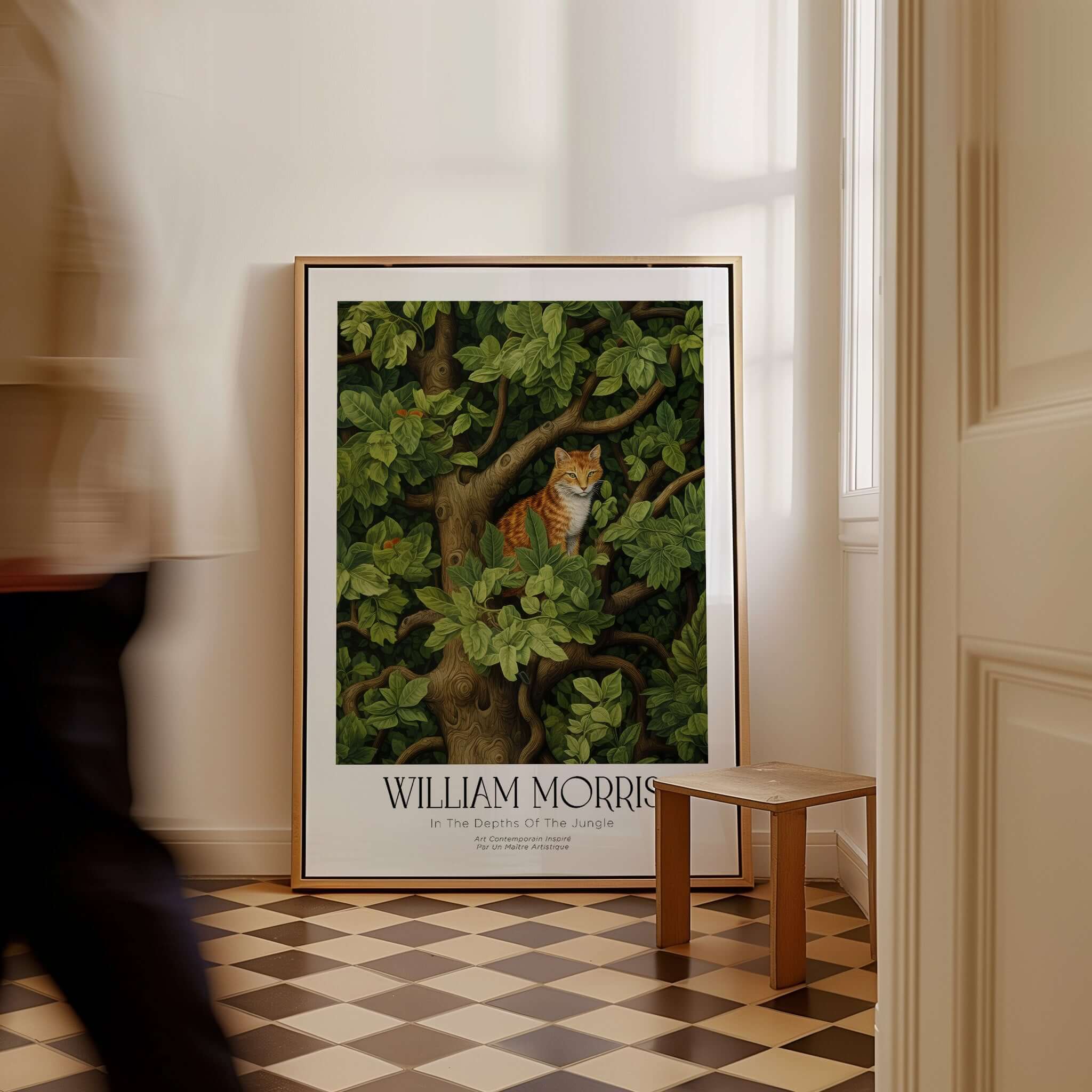 William Morris Ginger Cat in Tree Botanical Art Print - Foliage Poster displayed in a stylish interior setting.