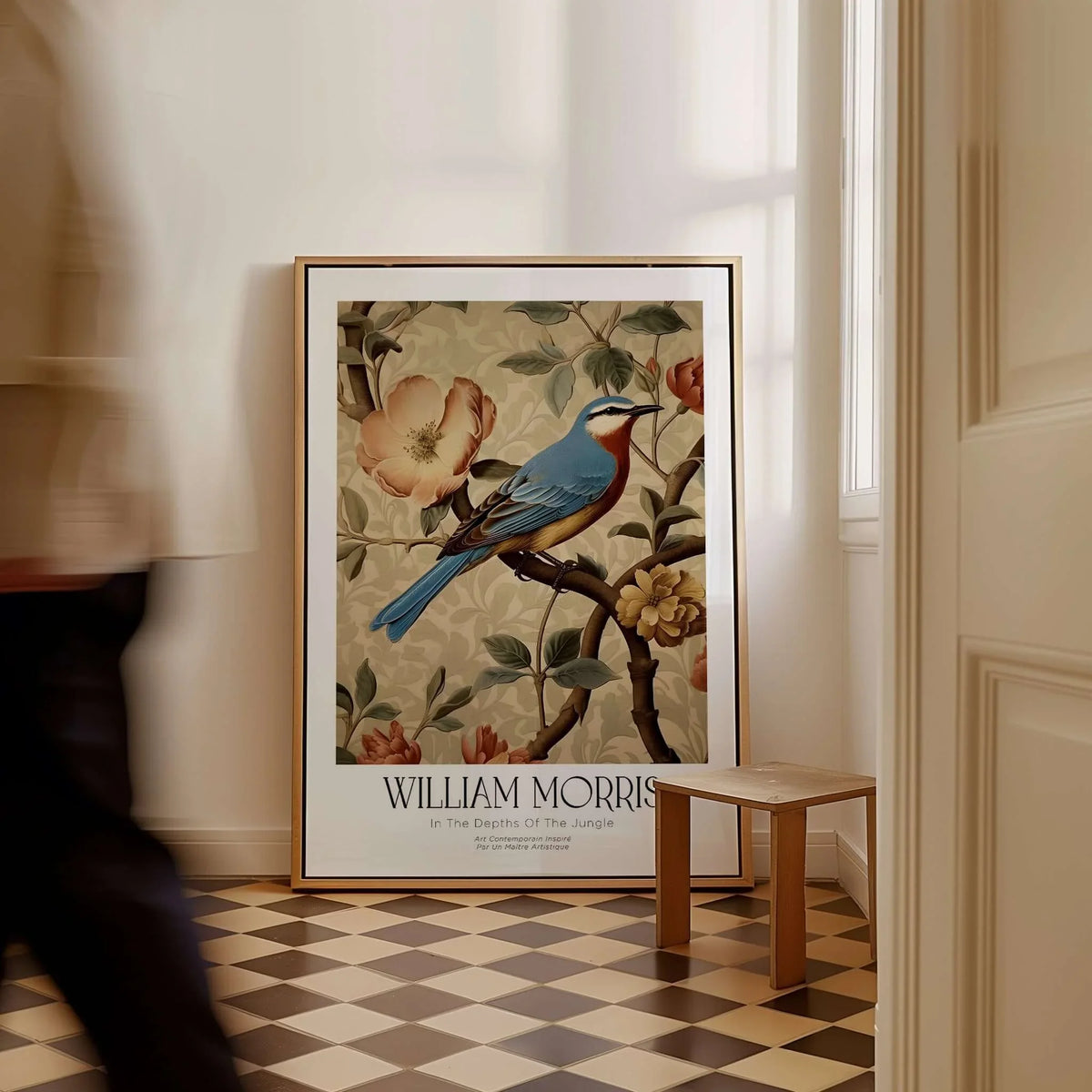 William Morris Prints - Blue Bird Floral Art Print - Botanical Poster framed on wall with a person walking by.