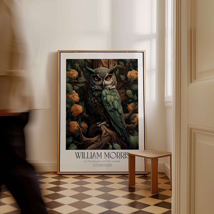 William Morris Prints - Wise Owl Botanical Art Print - Floral Tree Poster featuring an owl on gnarled branches.