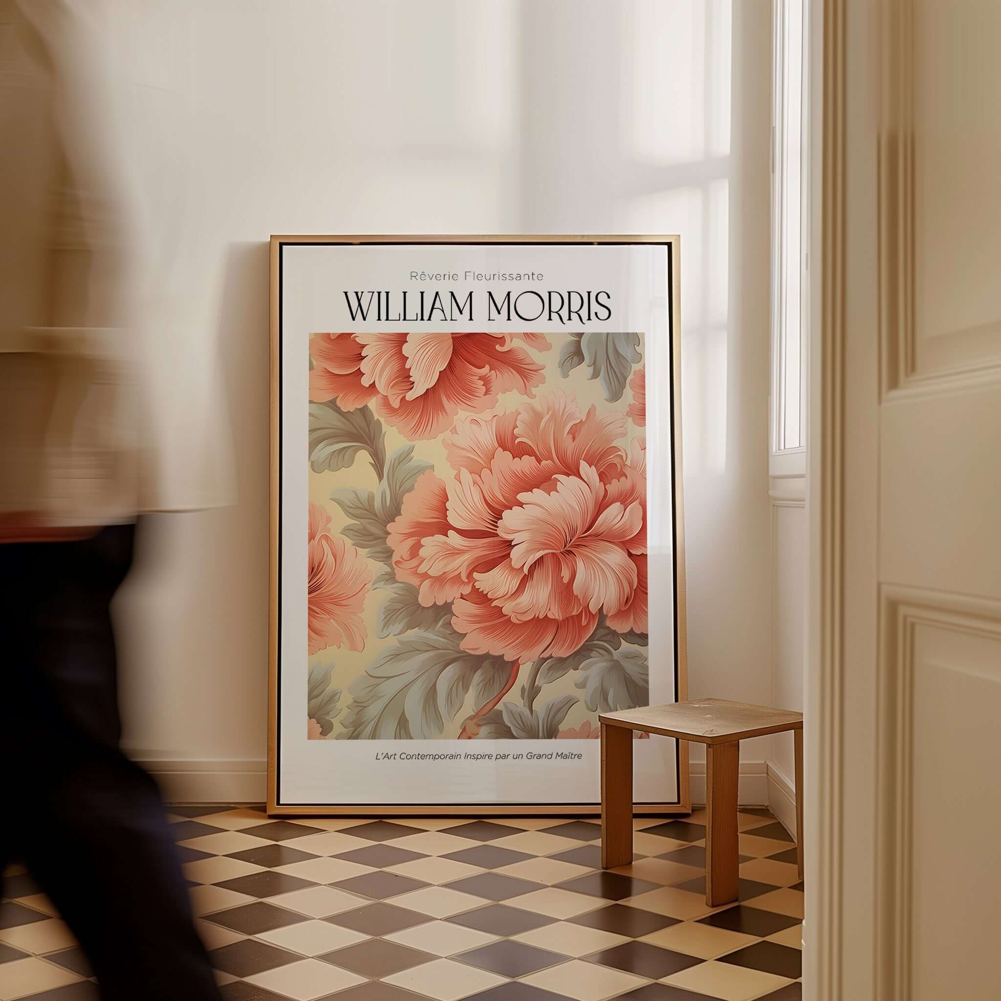 William Morris Prints - Pink Peony Pattern Art Print - Floral Botanical Poster displayed in a stylish room setting.