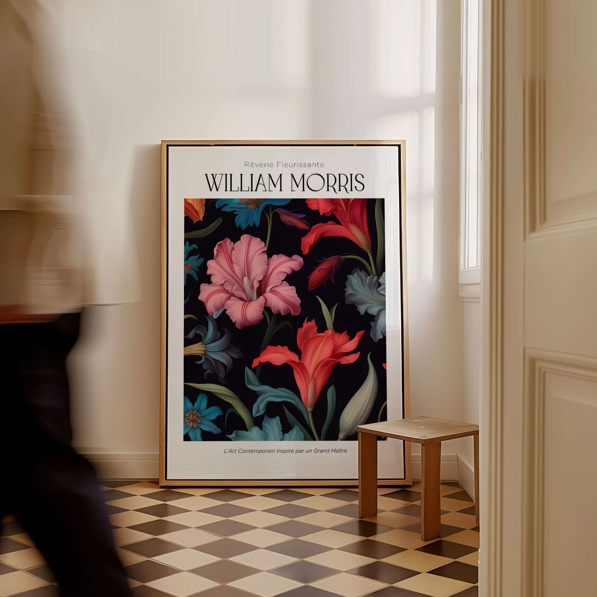 William Morris Prints - Dark Floral Lily Art Print - Vibrant Botanical Poster showcased in a stylish interior.