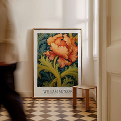William Morris Orange Bloom Swirling Leaves Art Print - Botanical Poster displayed in a stylish interior.