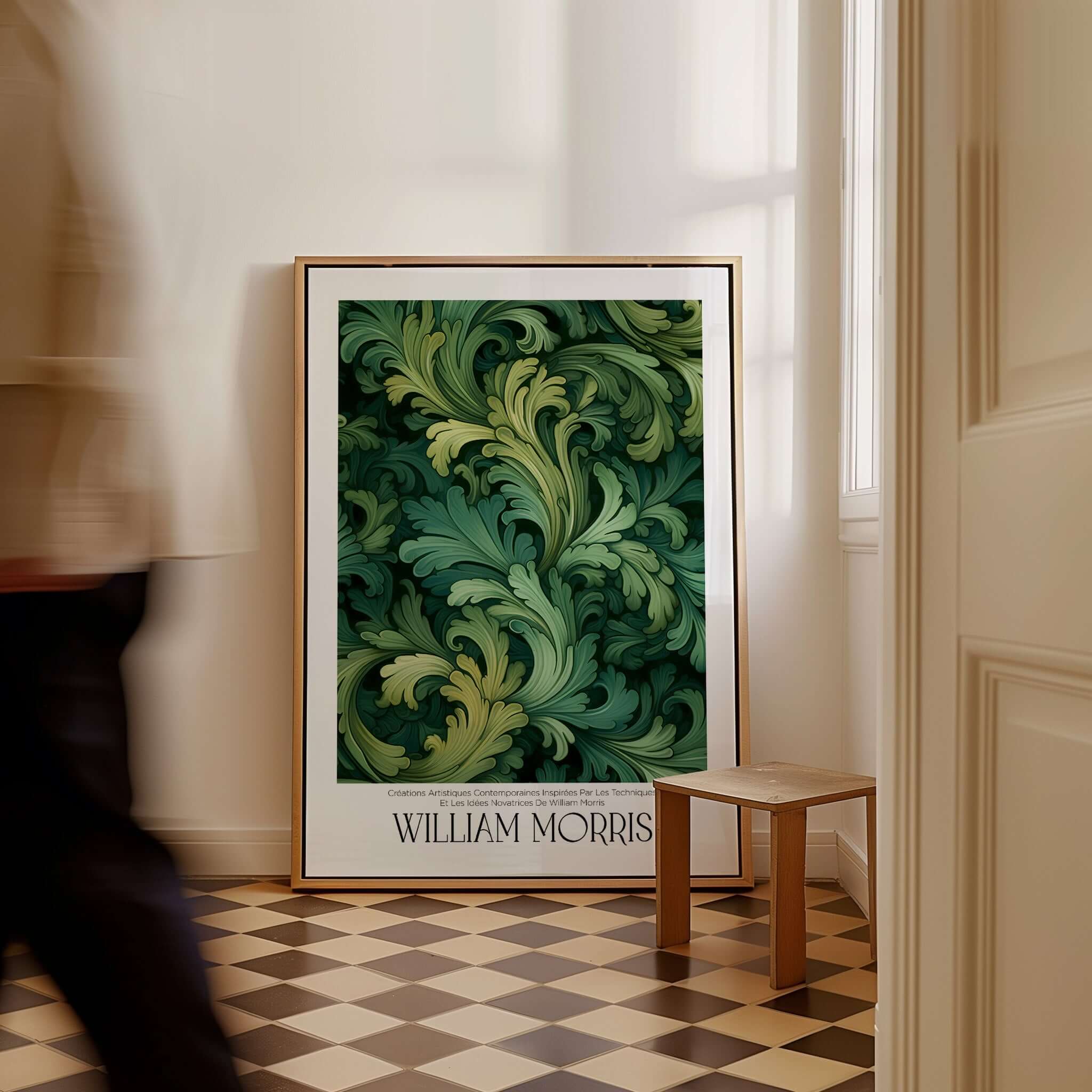 William Morris Prints - Green Acanthus Swirl Pattern Art Print - Botanical Foliage Poster displayed in a stylish interior setting.