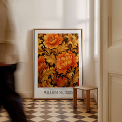 William Morris Prints - Orange Gold Floral Pattern Art Print - Dark Botanical Poster framed in a room