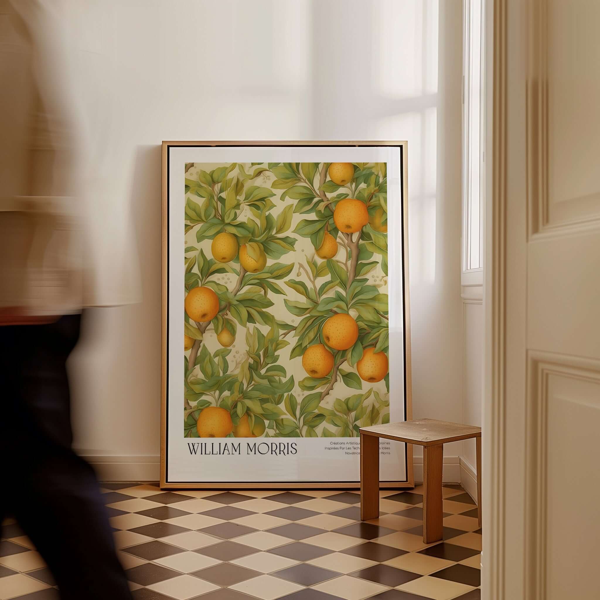 William Morris Prints - Orange Grove Fruit Tree Art Print - Botanical Poster displayed in a stylish room setting.