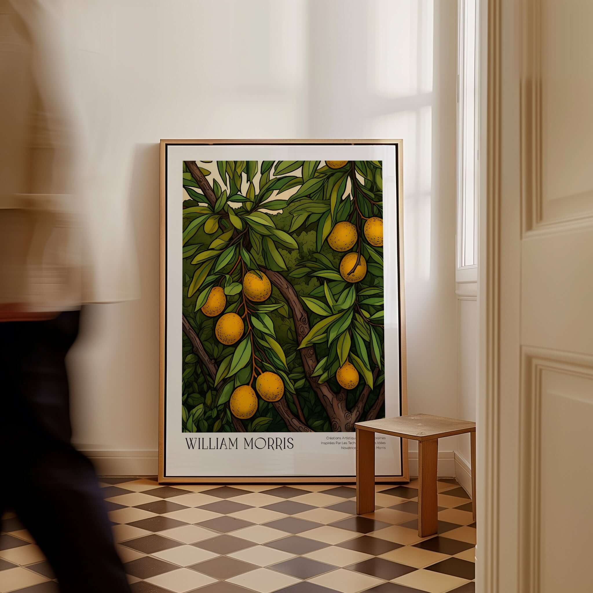William Morris Prints - Illustrated Orange Tree Art Print - Botanical Fruit Poster displayed in stylish room.