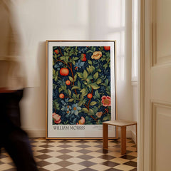 William Morris William Morris Fruit and Floral Vine Art Print - Dark Botanical Poster displayed in a stylish home interior.
