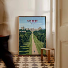 Framed Windsor England travel poster with castle and gardens on checkered floor