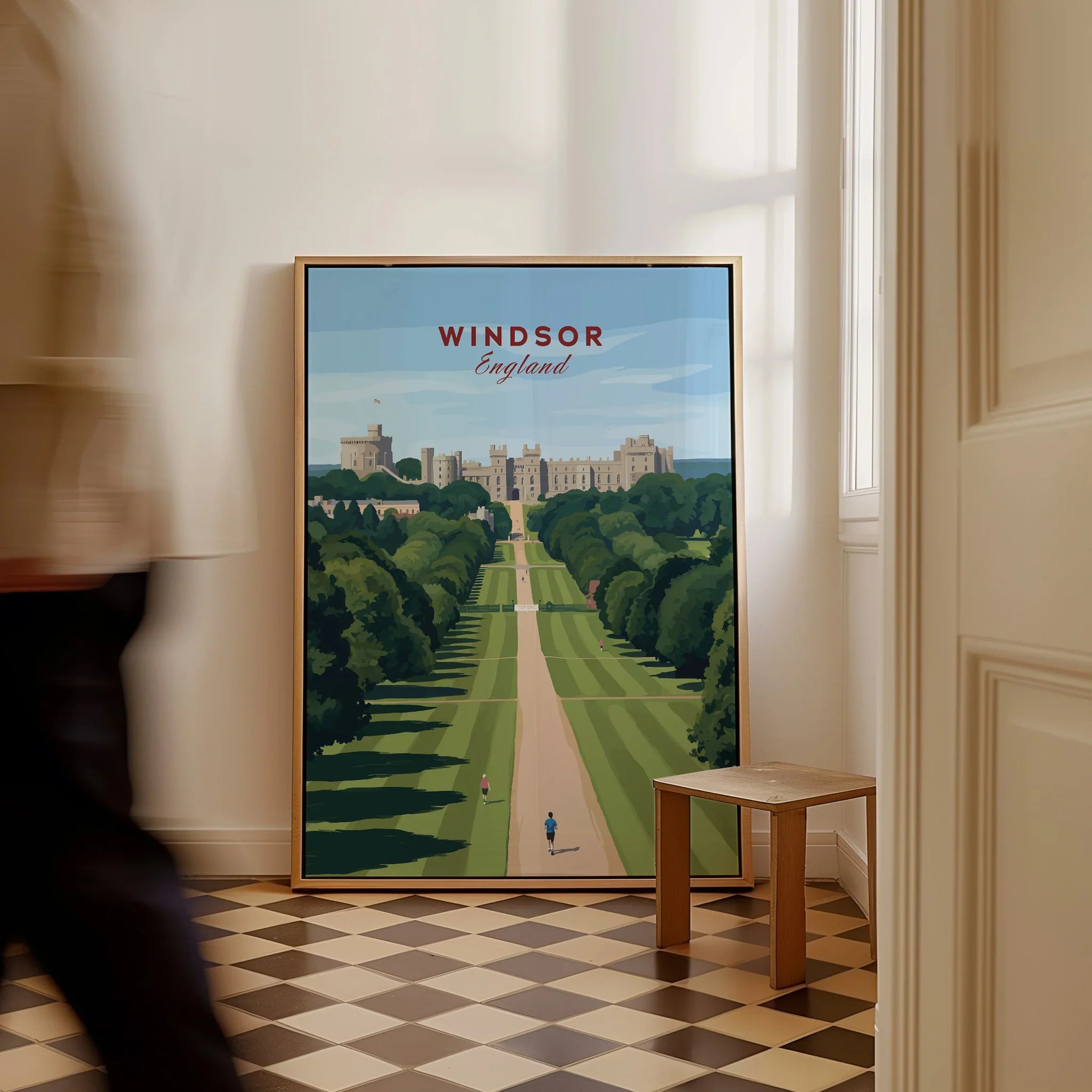 Framed Windsor England travel poster with castle and gardens on checkered floor
