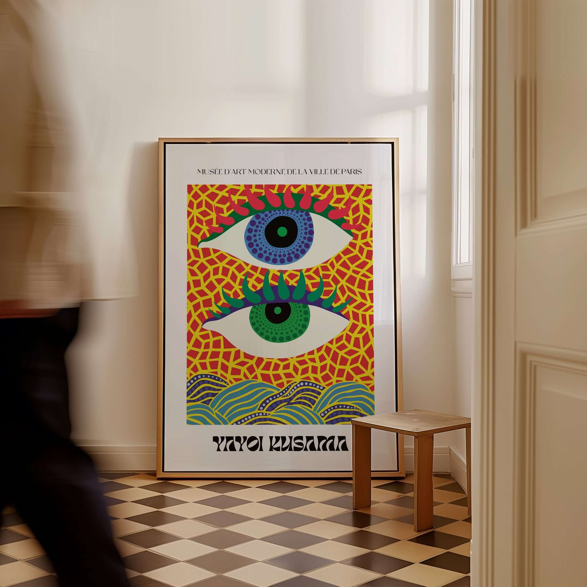 Yayoi Kusama Colorful Eyes Abstract Pattern Contemporary Art Print Paris Poster displayed in a stylish interior.