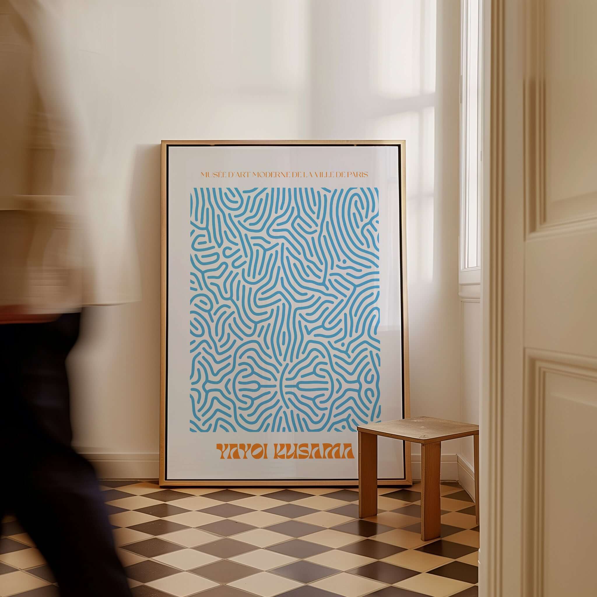 Yayoi Kusama Blue Infinity Net Pattern Abstract Art Print Paris Exhibition Poster displayed in a stylish interior setting.