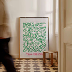 Yayoi Kusama Green Net Pattern Abstract Contemporary Art Print Paris Poster Decor displayed in a stylish interior.